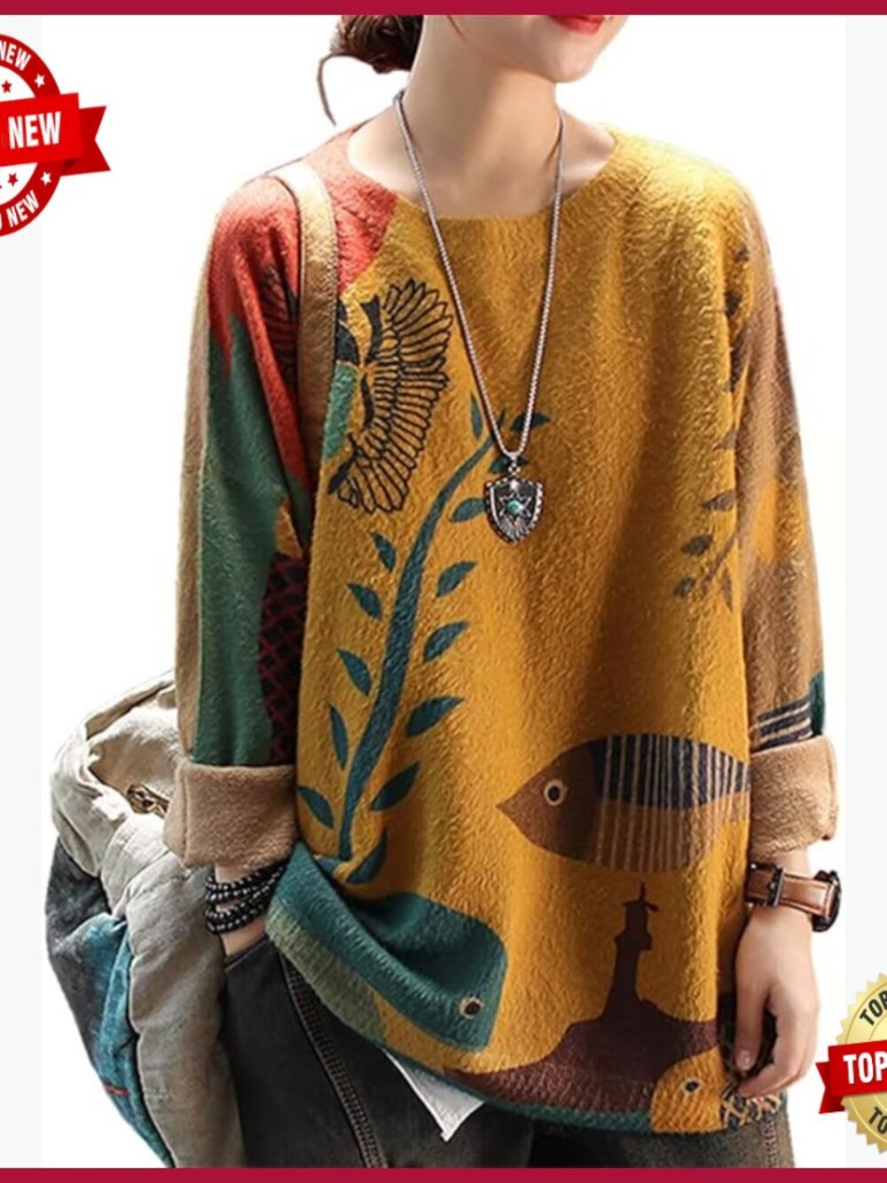 Oversized Graphic Print Cat Sweater Crewneck Pullover Women Knit Tunic Top
